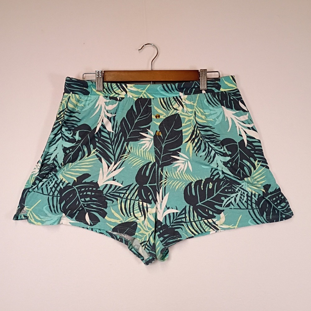 Tropical Ambrielle Womens Large Teal Green Palm Leaf Rayon Sleep Shorts